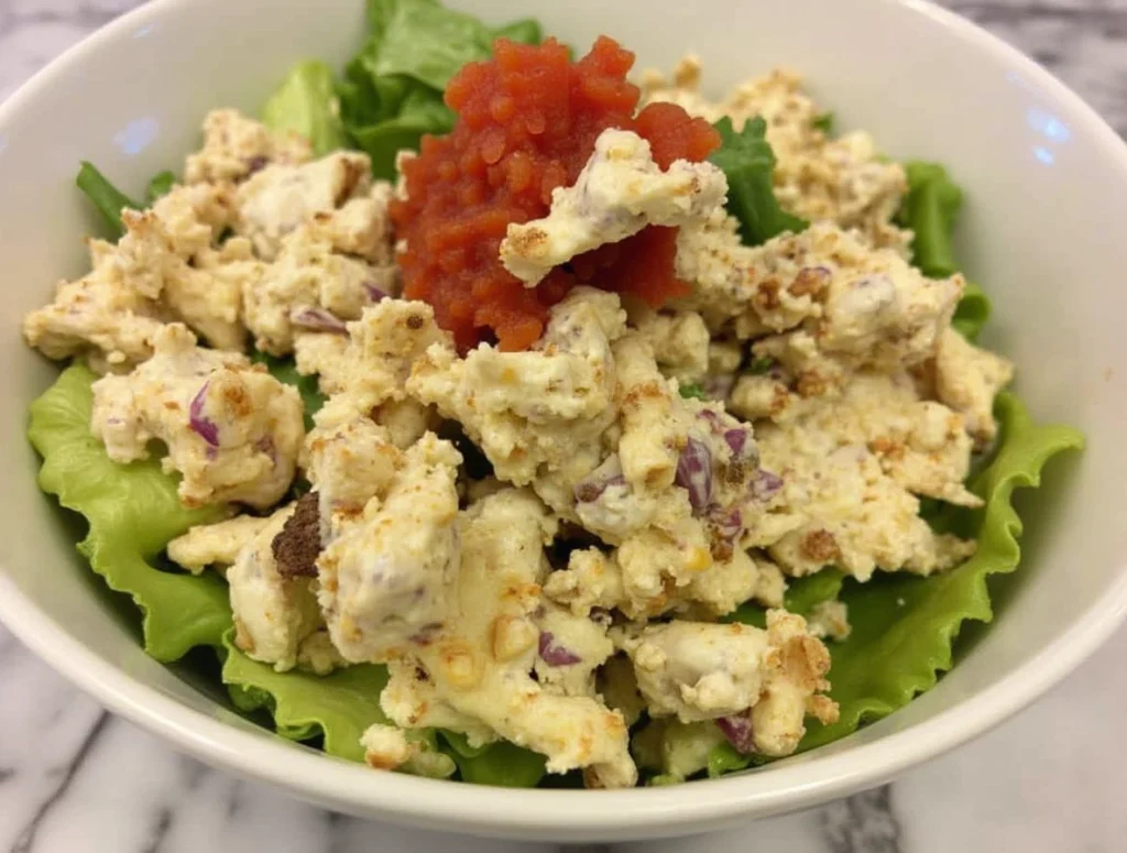 A plate of gluten-free chicken salad from Chicken Salad Chick, served with fresh fruit and pimento cheese for a delicious, gluten-free meal.