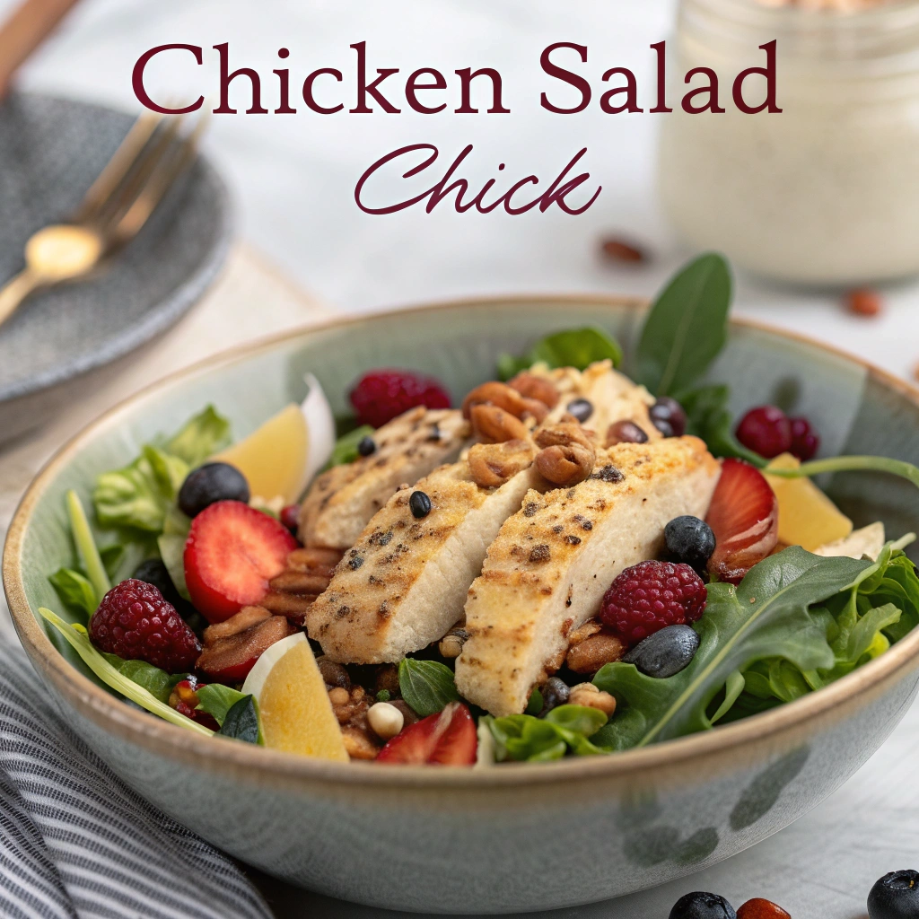 A plate of high-protein chicken salad from Chicken Salad Chick, served with fresh fruit and pimento cheese for a delicious, gluten-free meal.