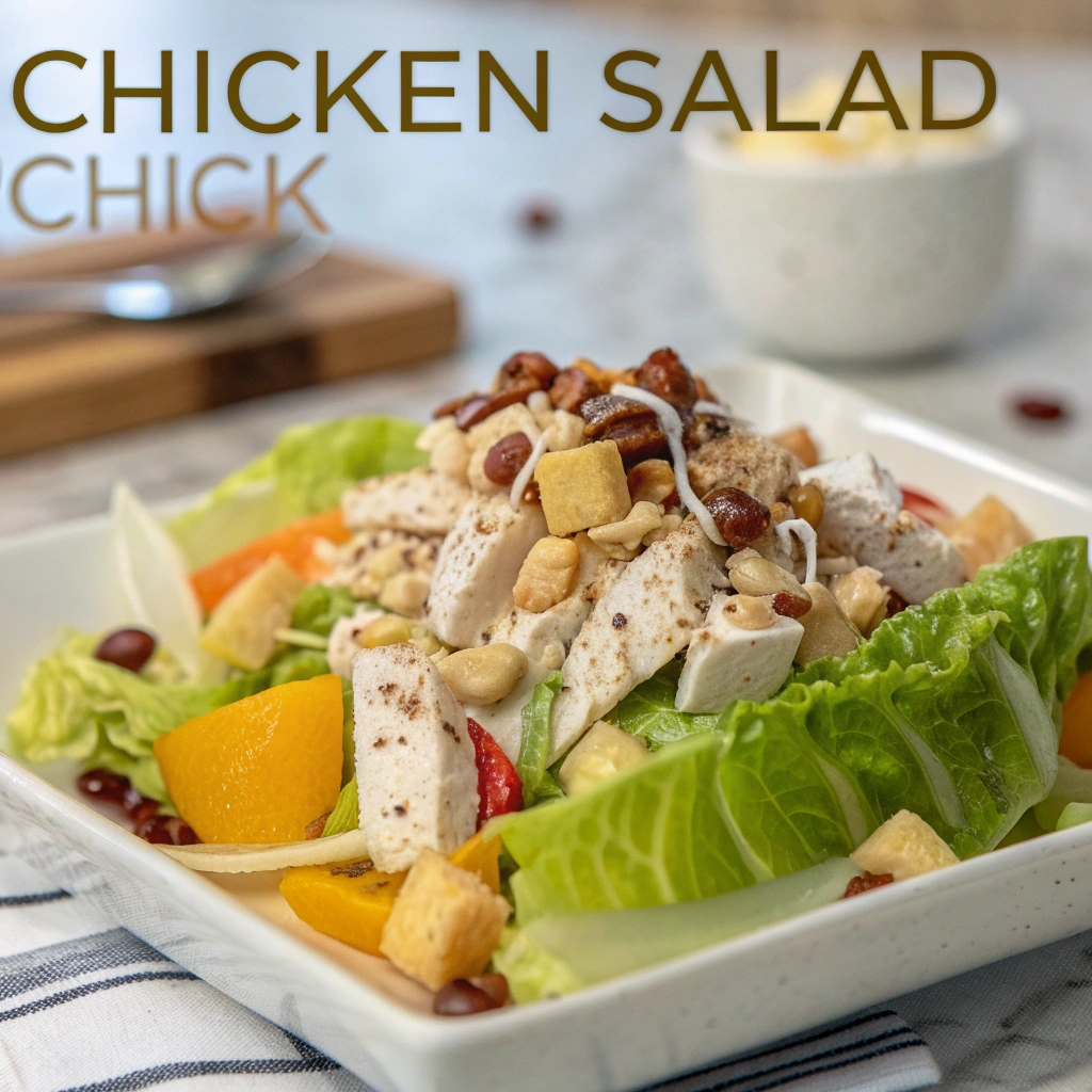 A customized healthy meal at Chicken Salad Chick, featuring a lettuce wrap chicken salad with fresh vegetables and a side of fruit.