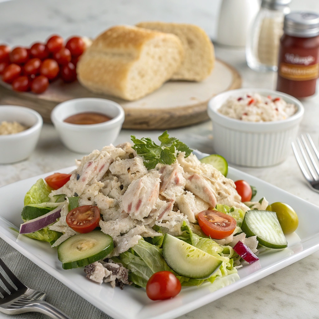 A bowl of Classic Carol Chicken Salad from Chicken Salad Chick, made with fresh shredded chicken and creamy dressing for a high-protein meal.