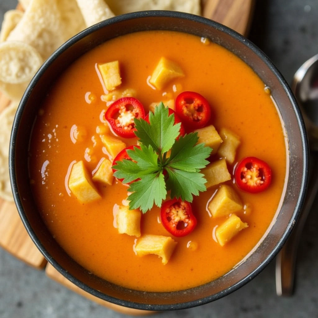 A close-up of a glass filled with spicy Leche de Tigre served as a shot with chili garnish