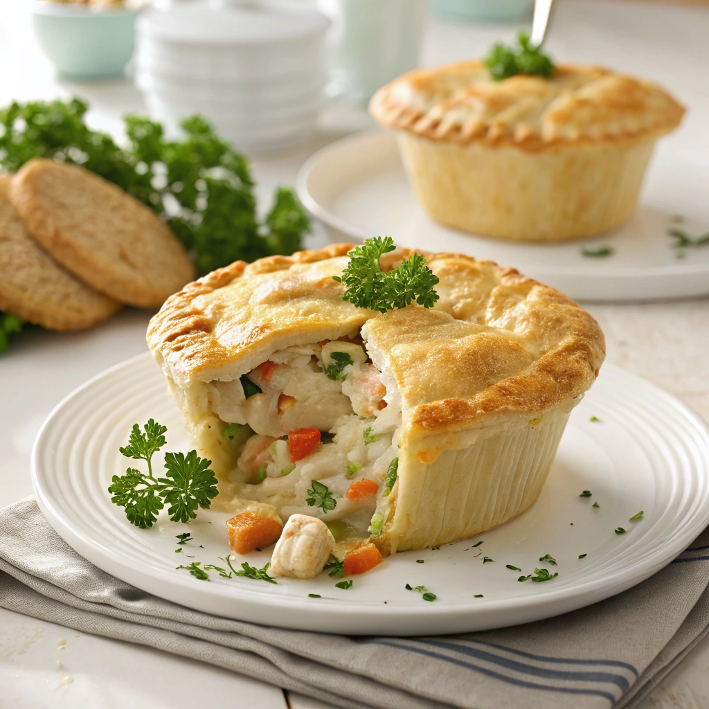 Chicken pot pie with a creamy filling served in a white dish