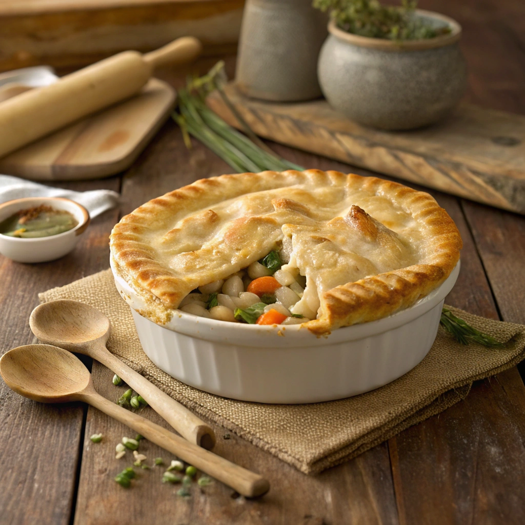 A close-up of a sliced chicken pot pie revealing its creamy filling
Captions (5)