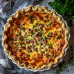 Close-up of a baked sausage quiche with crispy edges and melted cheese