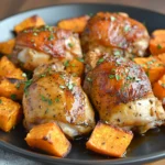 Maple Dijon chicken thighs served with roasted sweet potatoes