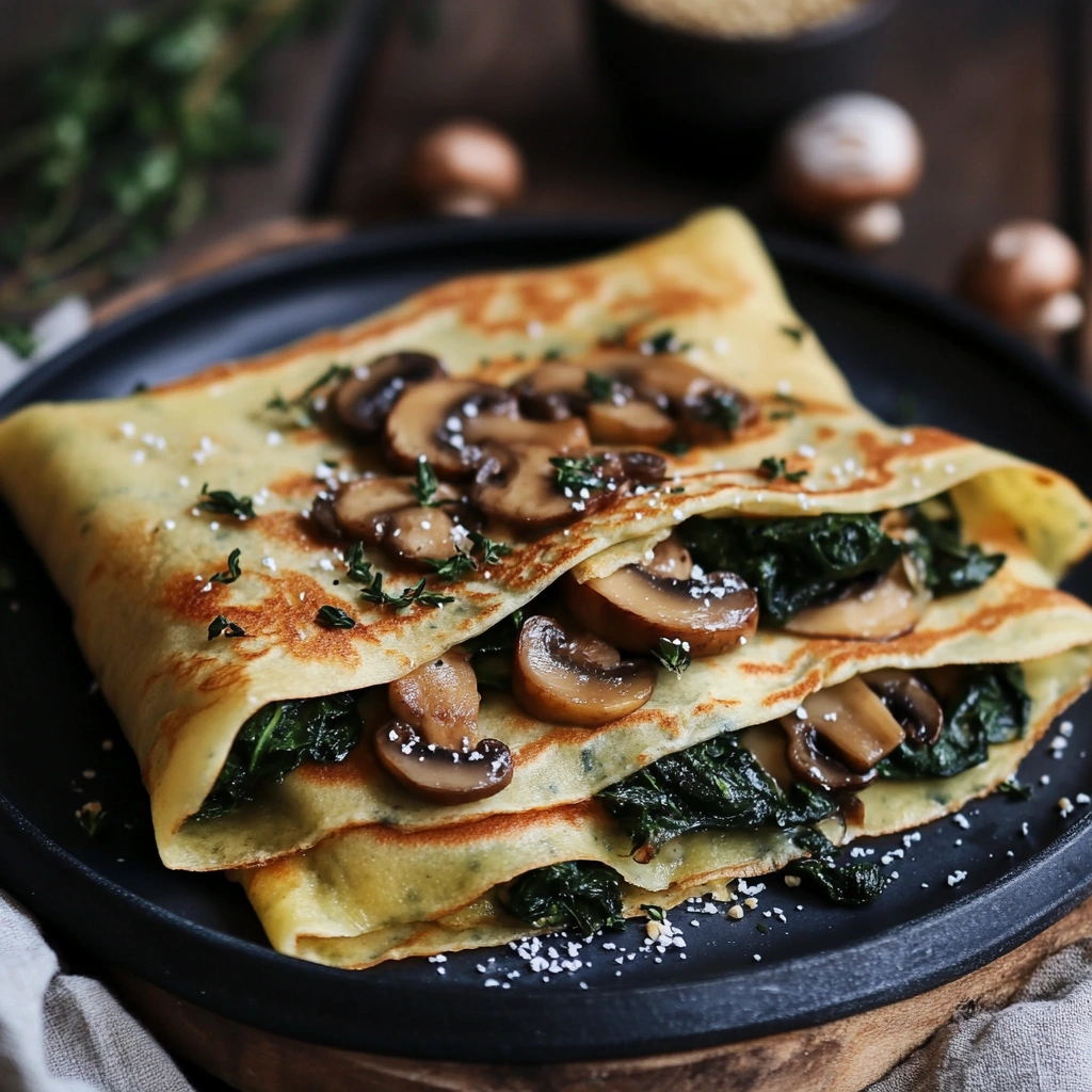 A close-up shot of a fluffy vegan crepe topped with sauce and vegetables